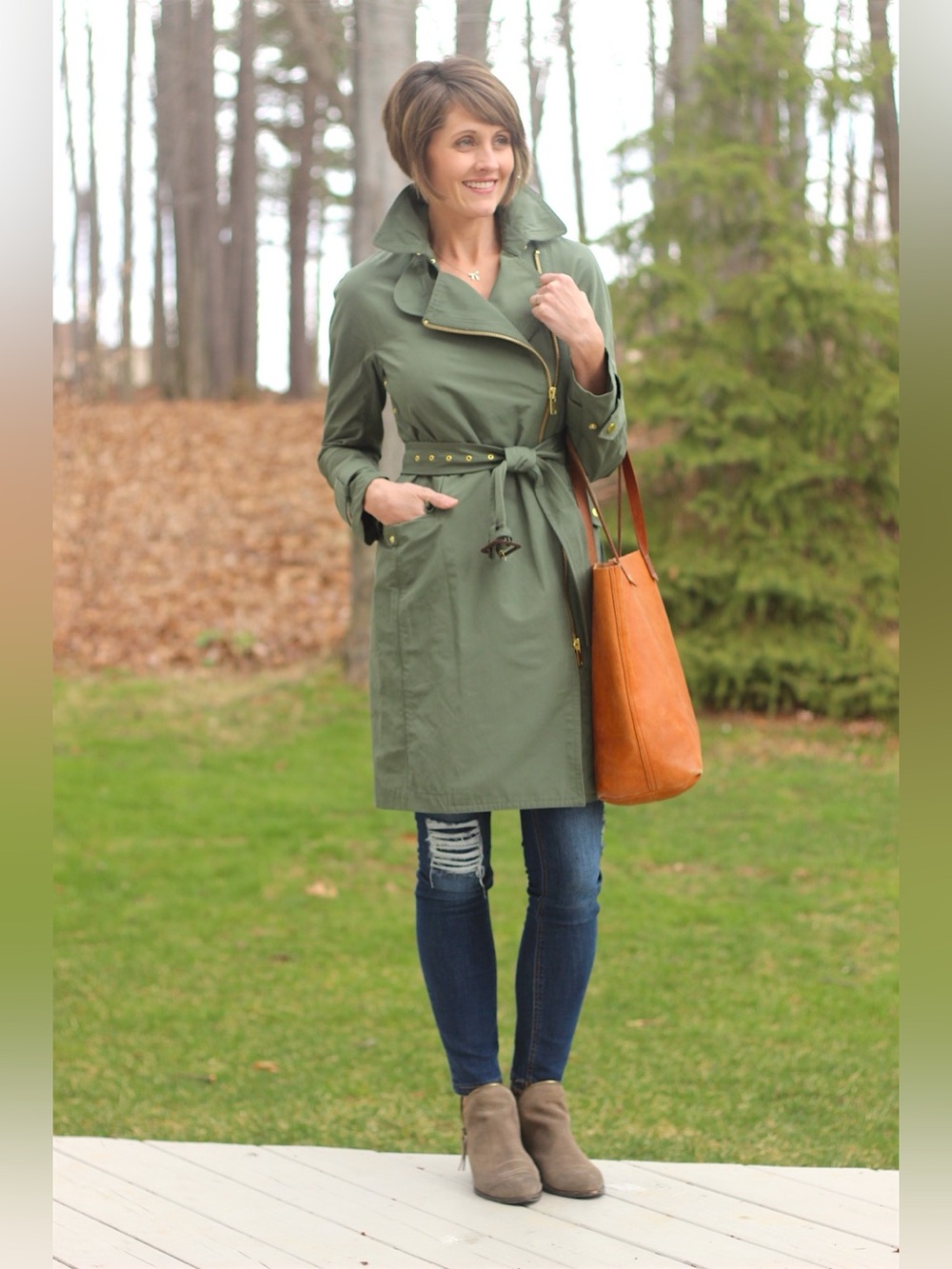 New! Vintage J Crew Belted Asymmetric Zip Trench Coat/ Rain Coat Size 8 Moss